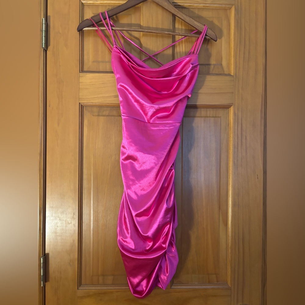 Windsor Hot Pink Satin Cowl Neck Mini Dress